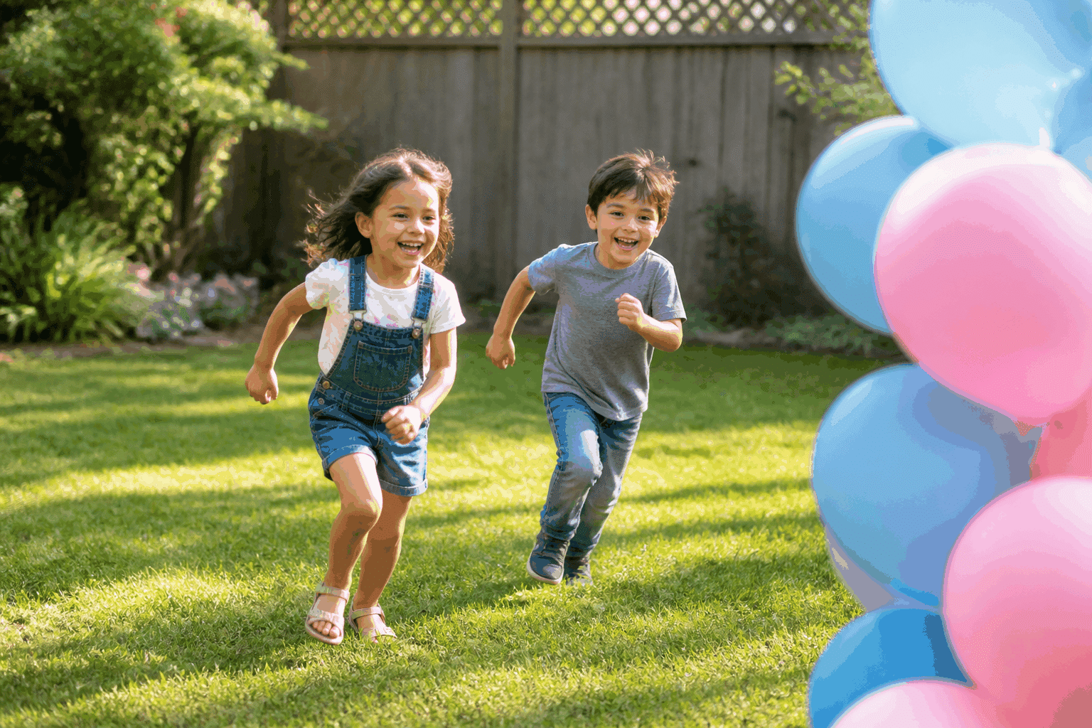 Two siblings in denim and white outfits running across a lawn toward balloons at an outdoor gender reveal, natural daylight, photo-realistic