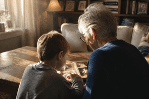 genealogy for kids — grandparent and child exploring family photos and history together
