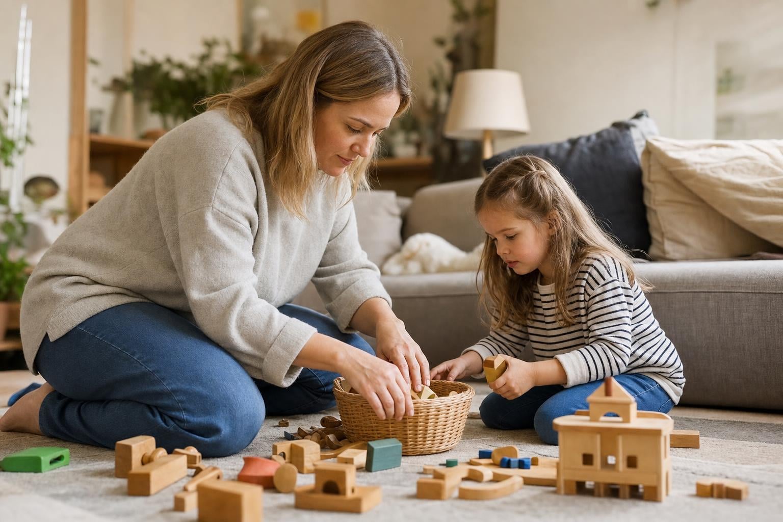 Gentle Parenting Discipline Techniques: Calm, Practical Ways That Work 16 A parent and child cleaning up toys together calmly after a disagreement, both kneeling on the floor.