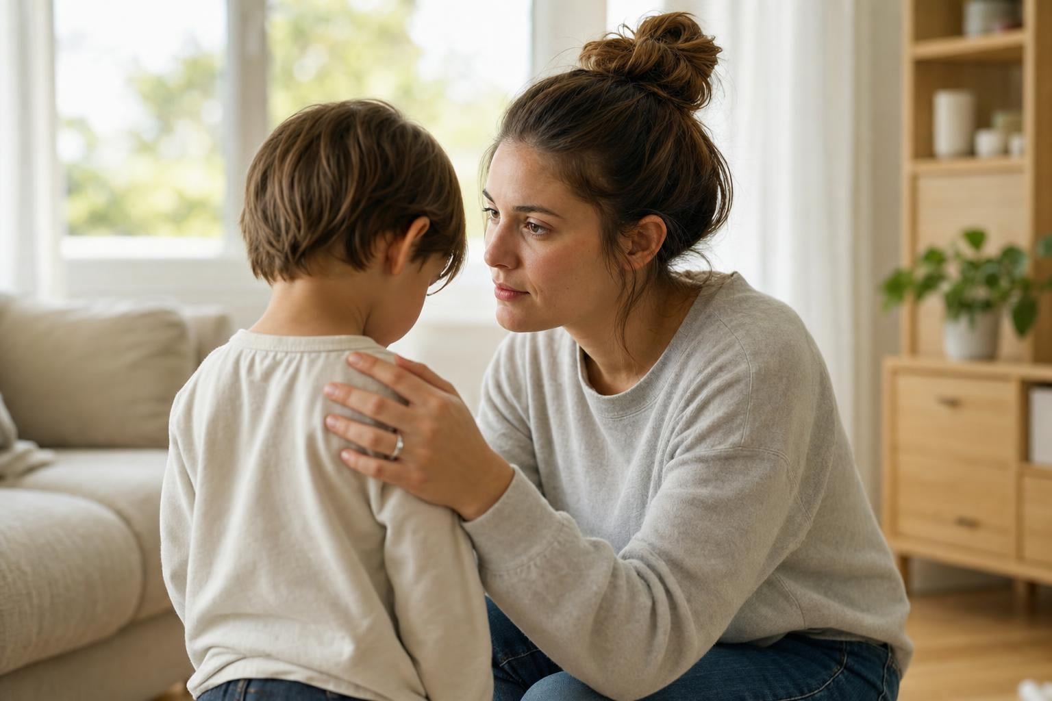 Gentle Parenting Discipline Techniques: Calm, Practical Ways That Work 17 A parent taking a calm breath while comforting an upset young child during a tantrum.