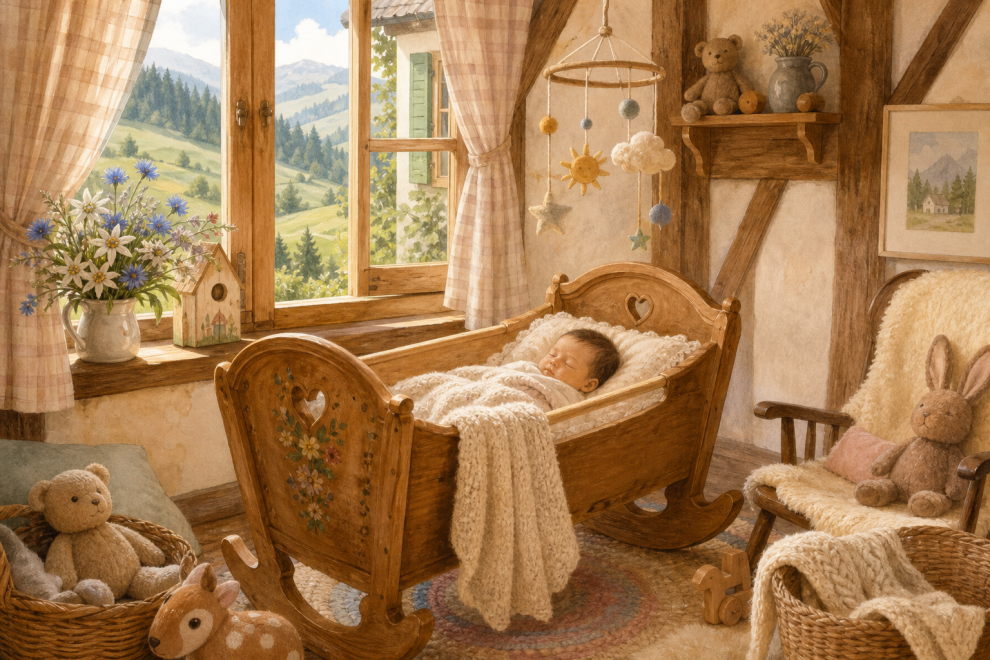 German Names: 50+ Strong, Timeless Picks with Meanings 15 German names: a cozy Bavarian cottage nursery with a wooden cradle and Alpine view