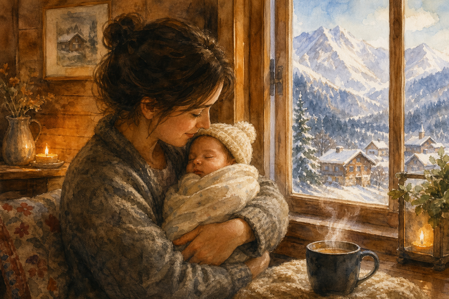 German Names: 50+ Strong, Timeless Picks with Meanings 16 A parent holding a sleeping newborn in a warm German alpine home