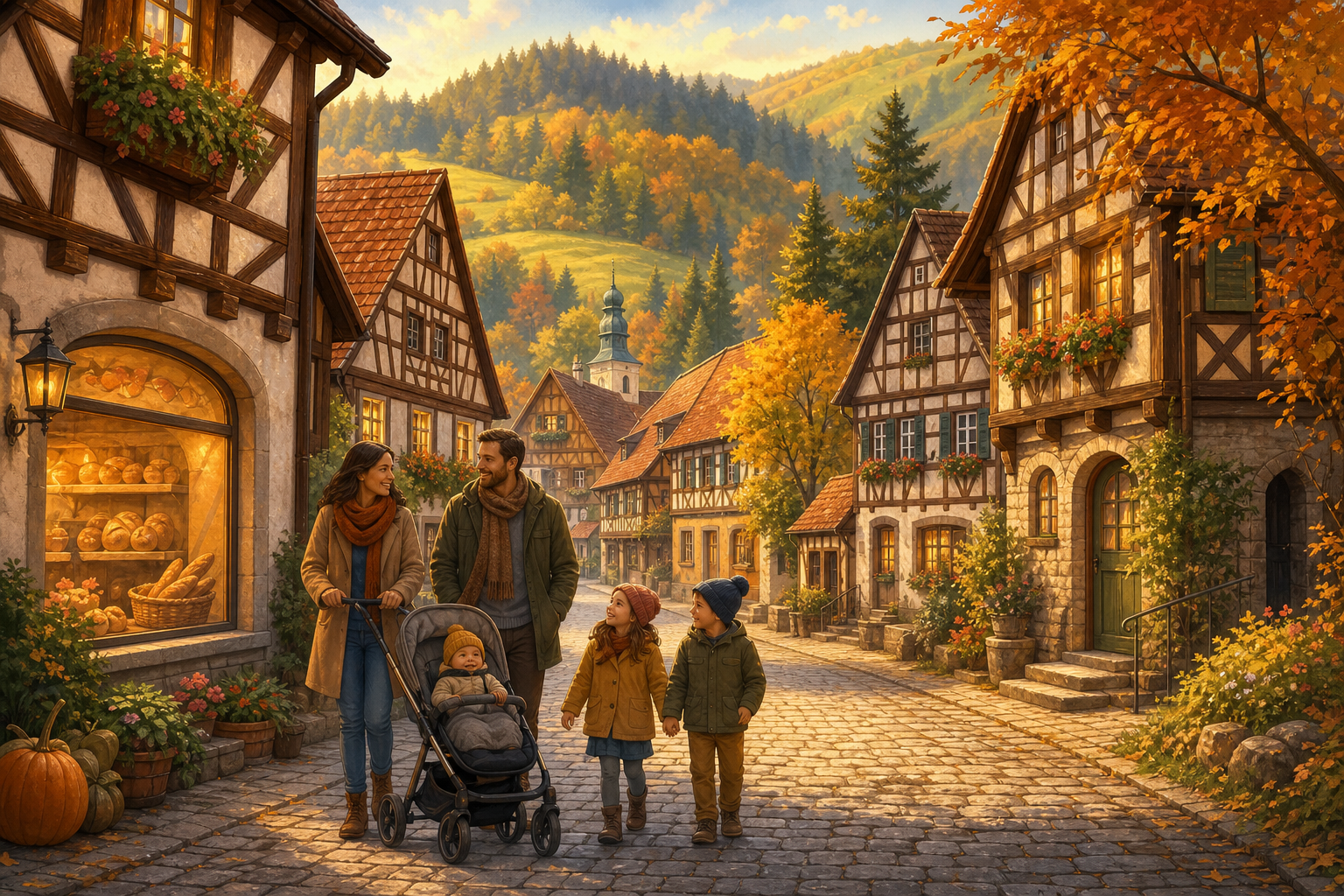German Names: 50+ Strong, Timeless Picks with Meanings 18 A warm German village lane in autumn with a family walking