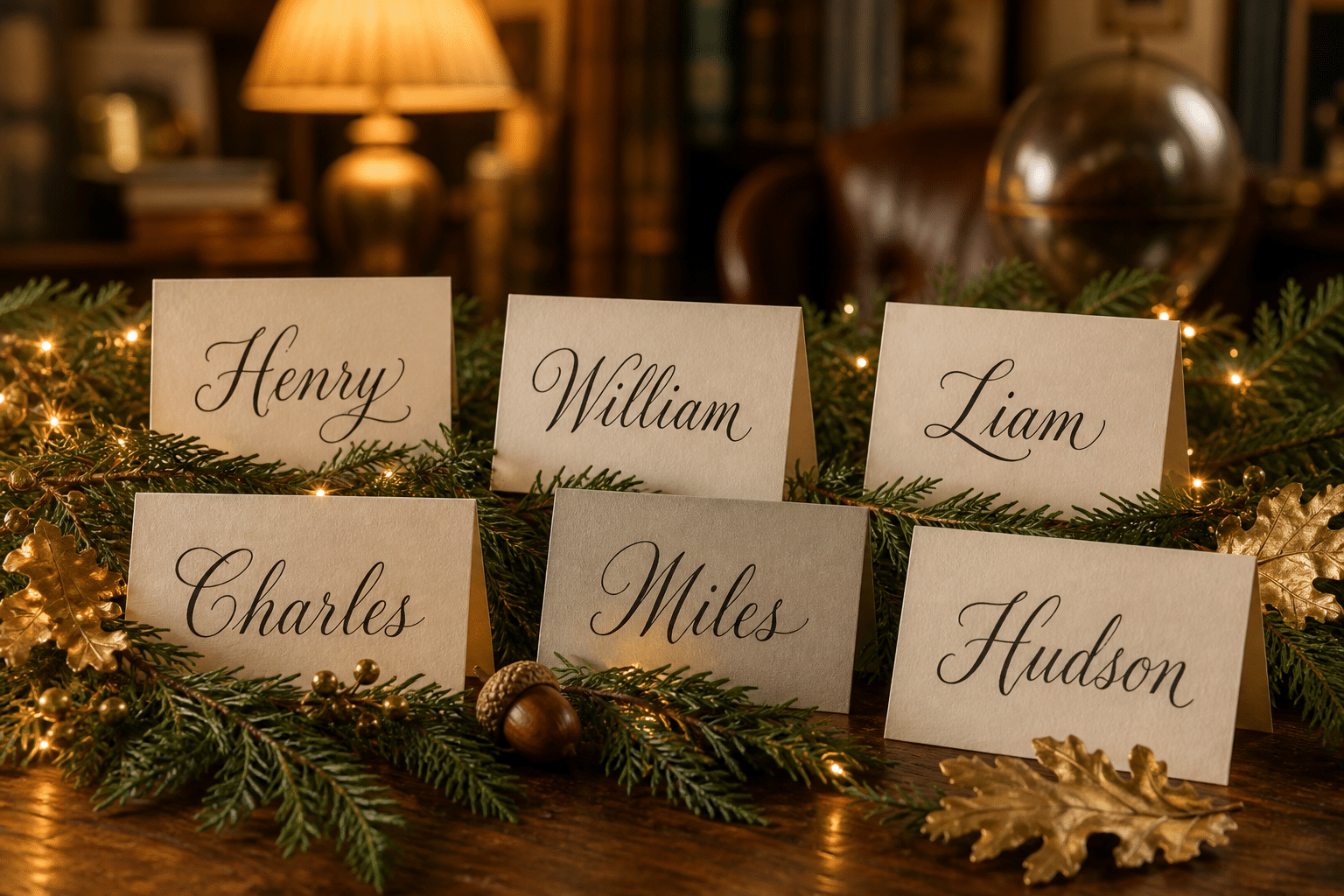 Ivory name cards showing Germanic baby names for boys with an evergreen-and-gold garland, oak leaves, tiny string lights, and warm evening lamplight in the distance