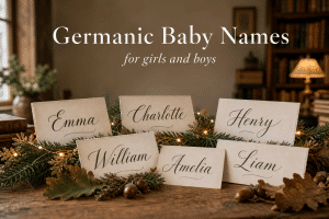 Collection of Germanic baby names on ivory name cards with a soft evergreen-and-gold garland, oak leaves, string lights, and warm lamplight