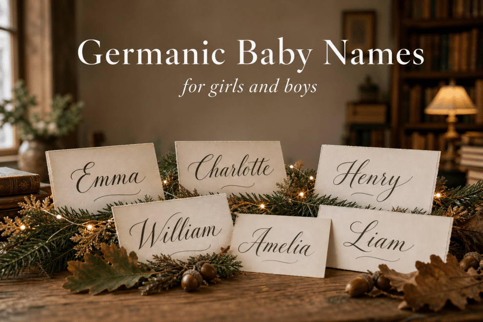 Collection of Germanic baby names on ivory name cards with a soft evergreen-and-gold garland, oak leaves, string lights, and warm lamplight