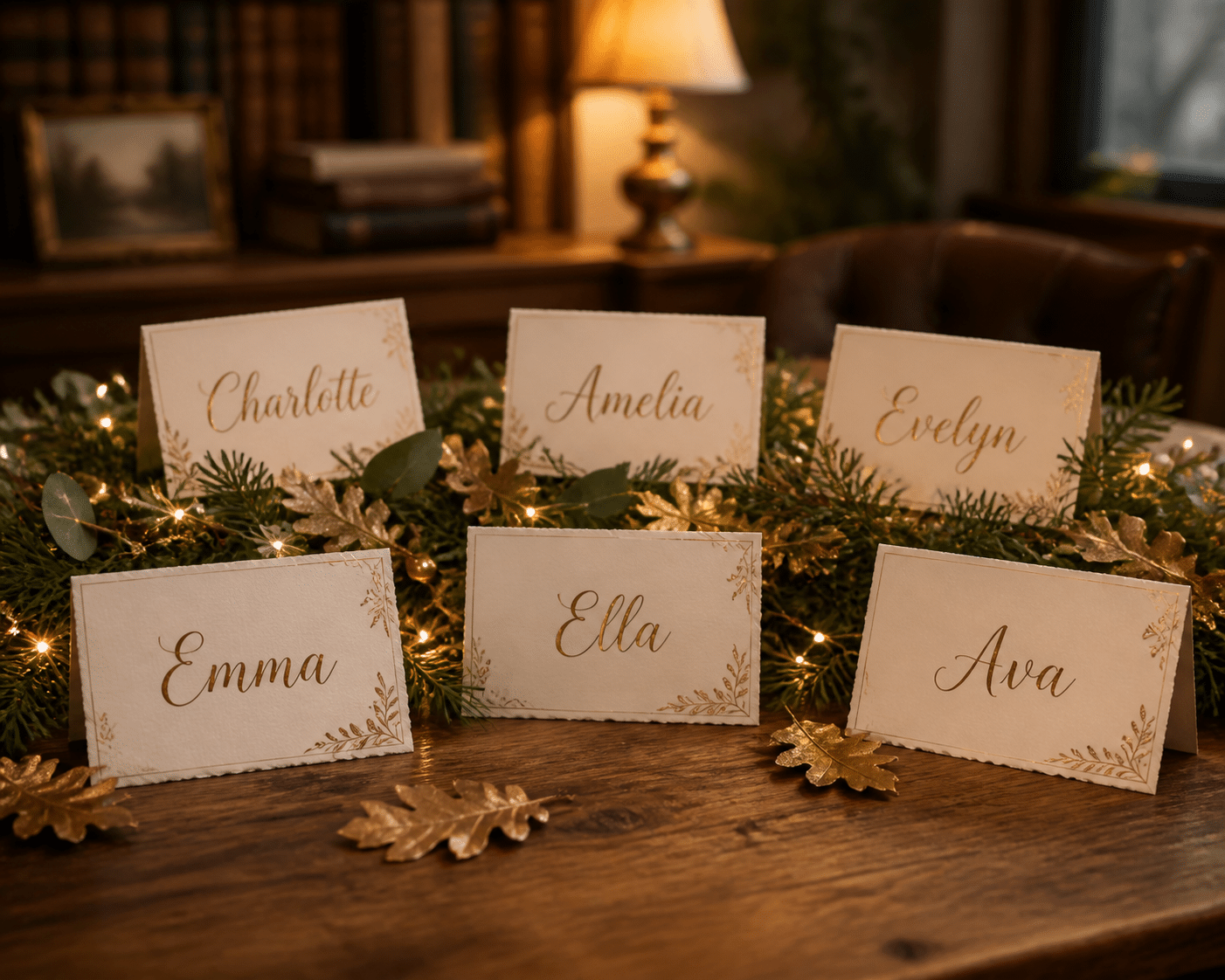 Ivory name cards showing Germanic baby names for girls with a soft evergreen and gold garland, oak leaves, tiny string lights, and warm lamplight
