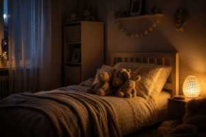 toddler bedtime routine - cozy child's bedroom with soft nightlight and stuffed animals