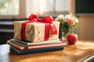 teacher gift ideas: a wrapped gift with a red bow on a classroom desk with books and an apple