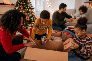 Family packing donation box of gifts at Christmas