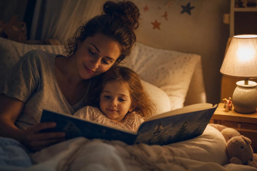 The Best Bedtime Stories for Kids, Grouped by Age 15 A parent and child reading a picture book together in bed by lamplight, sharing bedtime stories for kids