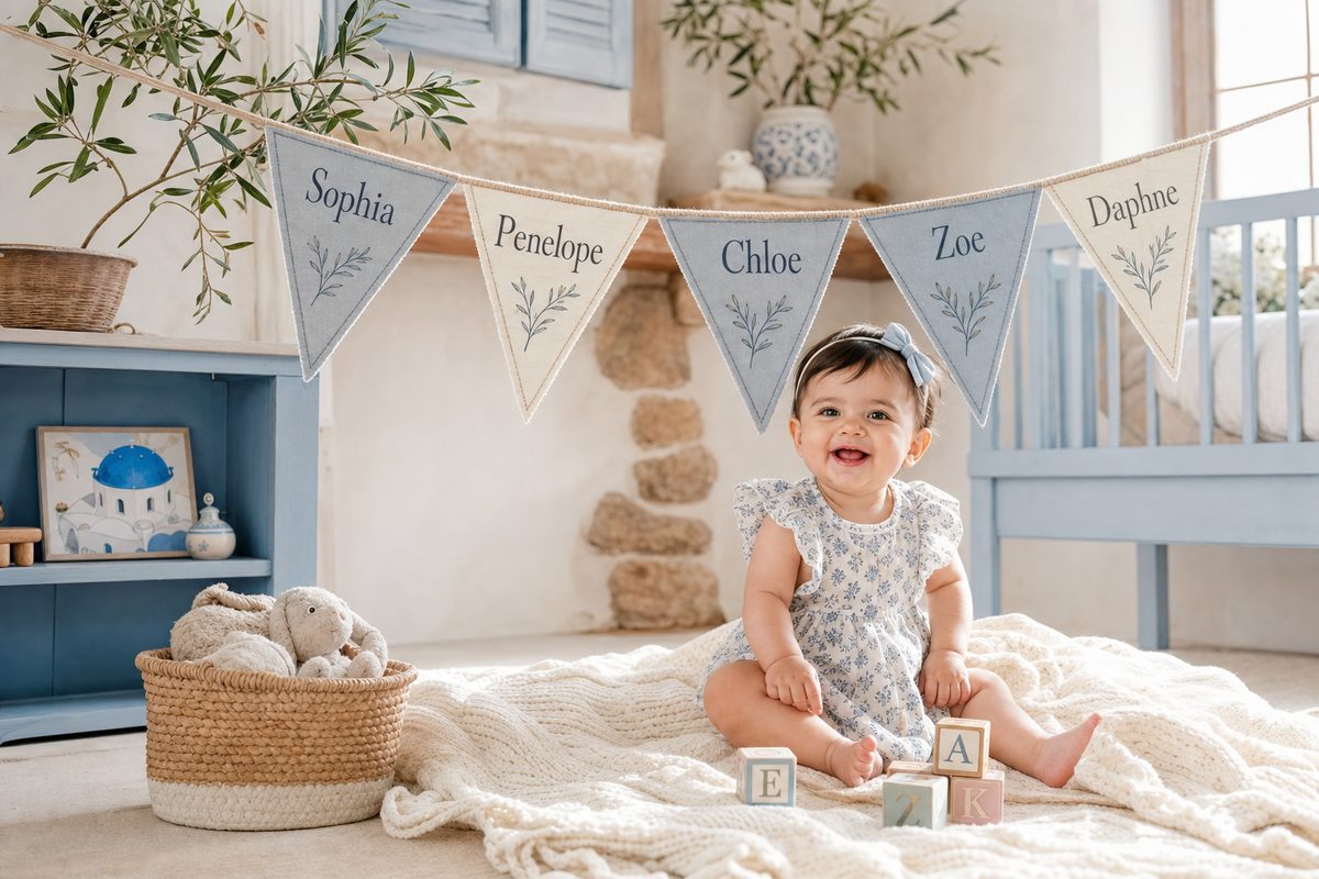 33 Beautiful Greek Baby Names & Their Meanings 16 A smiling baby girl beneath a name bunting reading Sophia, Penelope, Chloe, Zoe, and Daphne in a sunlit Greek-style nursery.