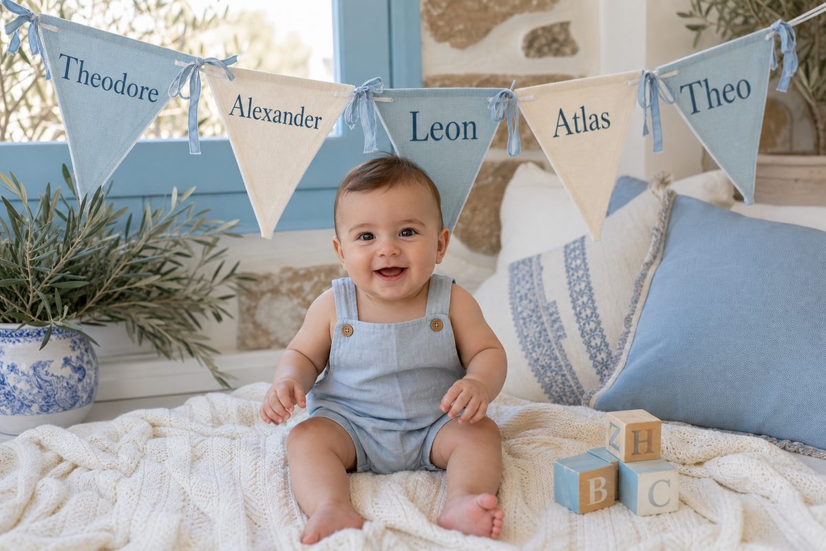 33 Beautiful Greek Baby Names & Their Meanings 17 A happy baby boy with a name banner reading Theodore, Alexander, Leon, Atlas, and Theo in a white and Aegean-blue nursery.
