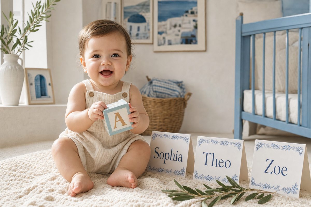 33 Beautiful Greek Baby Names & Their Meanings 18 A baby holding an alphabet block beside name cards reading Sophia, Theo, and Zoe for practicing Greek baby name sounds.
