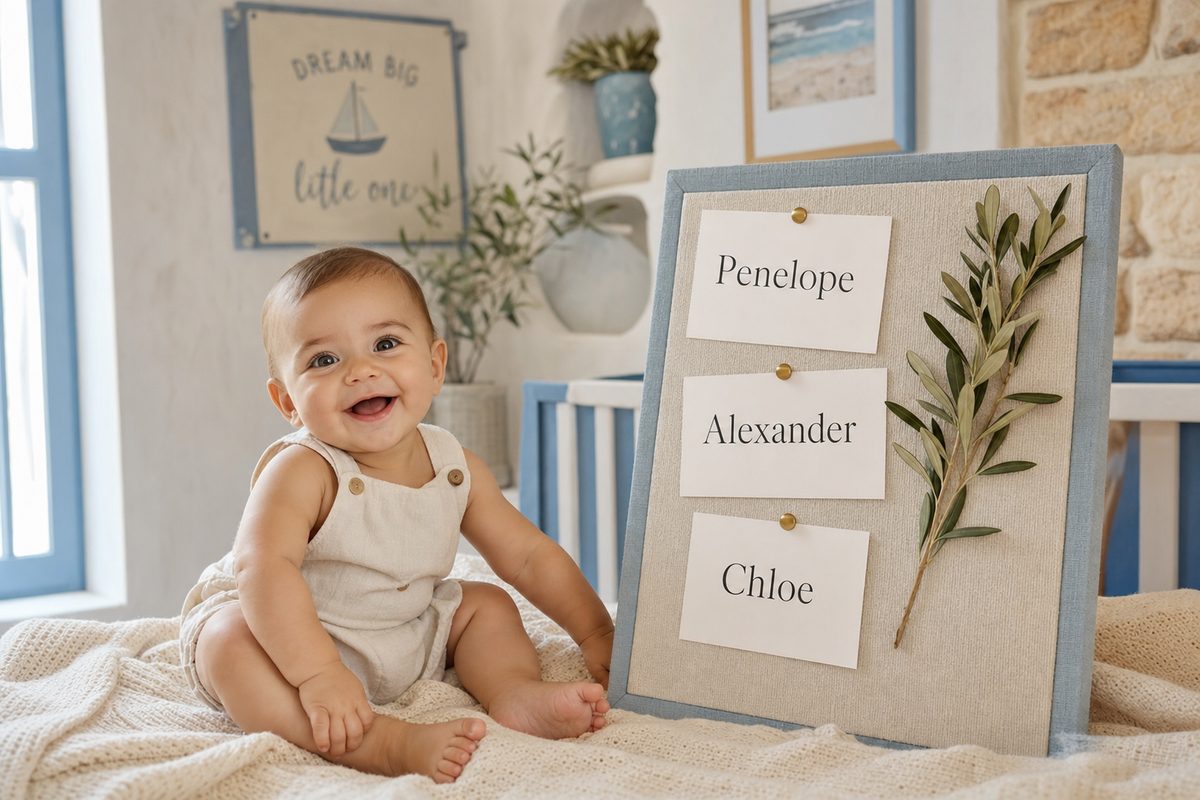 33 Beautiful Greek Baby Names & Their Meanings 19 A baby beside a shortlist board pinned with Penelope, Alexander, and Chloe while choosing a Greek baby name.