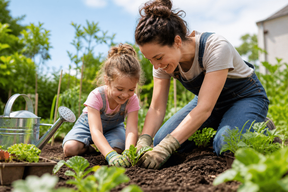 green parenting — parent and child gardening together outdoors