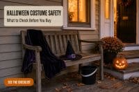 Halloween Costume Safety: What to Check Before You Buy 4 Halloween costume safety check on a porch at dusk with a reflective strip on the trick-or-treat bucket