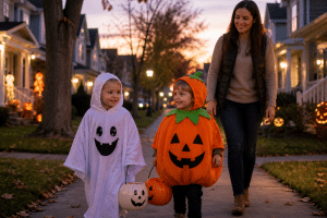 halloween safety tips for kids children in costumes trick or treating safely in neighborhood