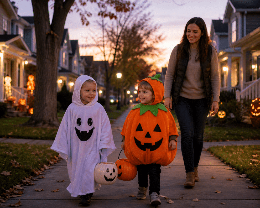 halloween safety tips for kids children in costumes trick or treating safely in neighborhood