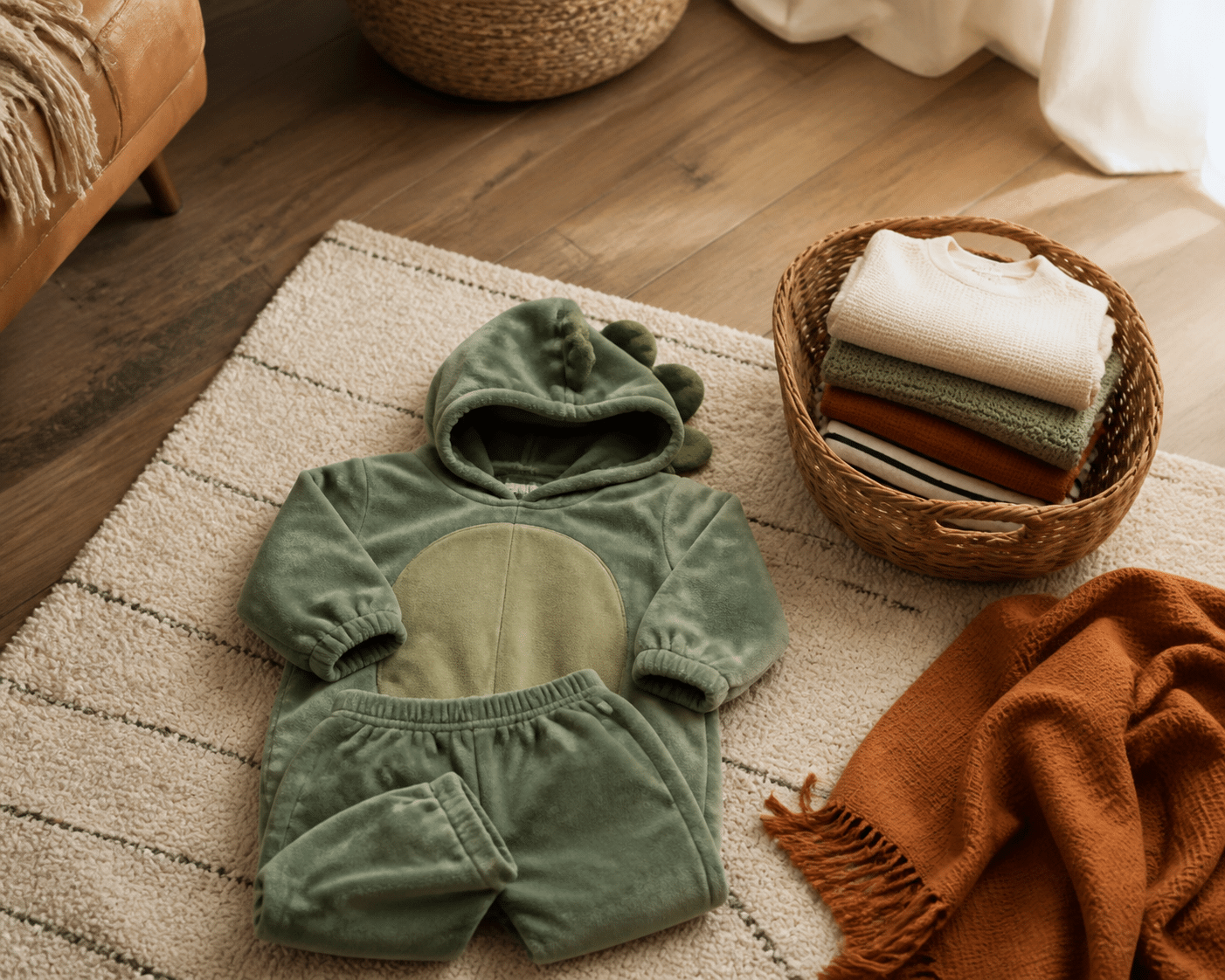 Comfortable toddler Halloween costumes: soft hooded dinosaur onesie with elastic waistband laid on a rug