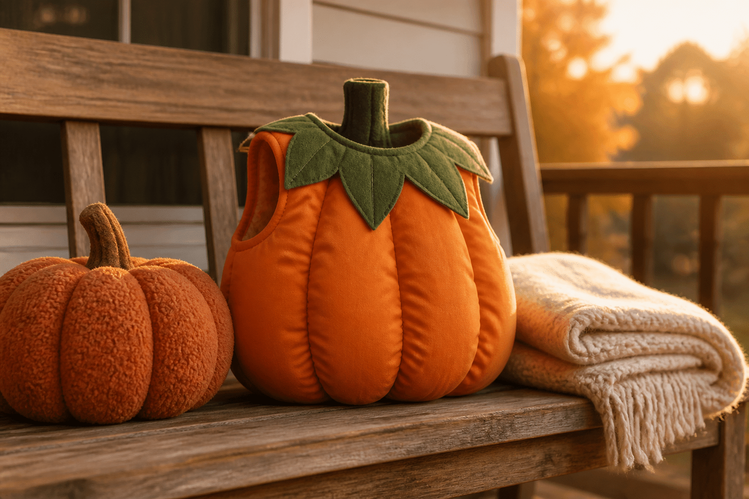 Padded toddler pumpkin costume resting on a porch bench, an alternative to costumes with capes or drawstrings
