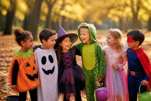 Kids in Halloween costumes laughing at jokes