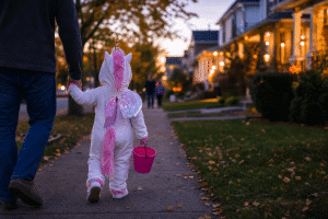 halloween safety tips for kids — child trick-or-treating safely with parent on lit street