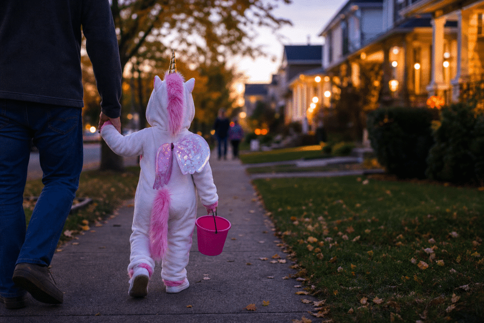 halloween safety tips for kids — child trick-or-treating safely with parent on lit street