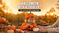 Halloween Ideas for Toddlers: Low-Scare Fun for Kids Under 5 6 Halloween ideas for toddlers — toddler in a pumpkin costume painting a mini pumpkin among fall leaves