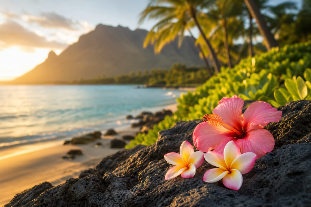 Hawaiian Names: 45+ Beautiful Island Picks with Meanings 15 Hawaiian names: a warm tropical shore at golden hour with plumeria blossoms and palm fronds