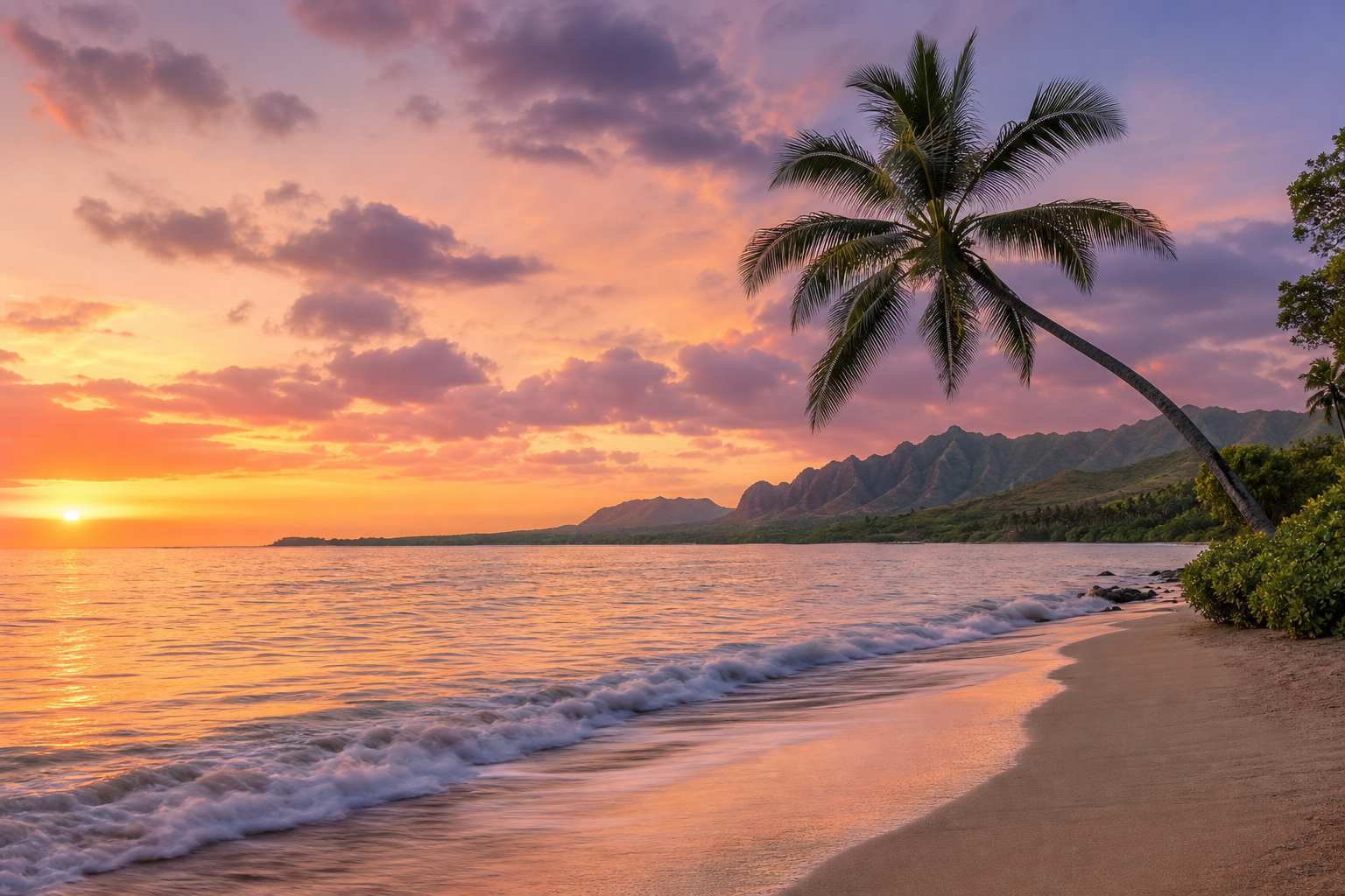 Hawaiian Names: 45+ Beautiful Island Picks with Meanings 17 A peaceful Hawaiian coastline at sunset with gentle waves and green volcanic mountains