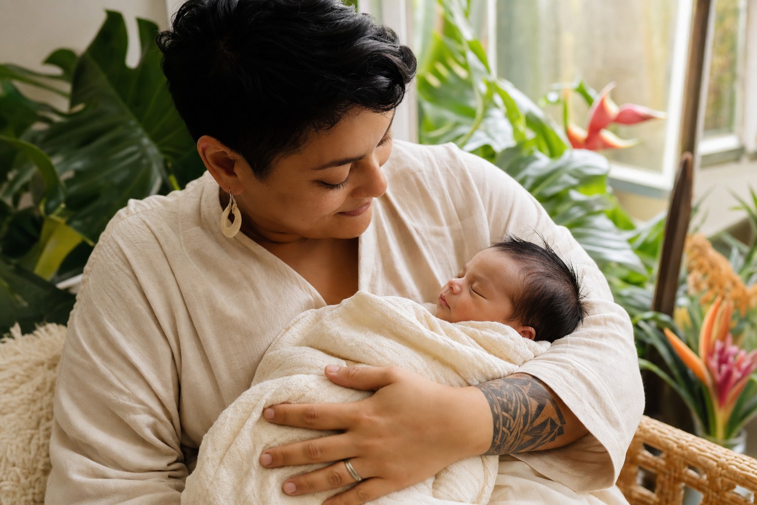 Hawaiian Names: 45+ Beautiful Island Picks with Meanings 18 A parent gently cradling a sleeping newborn near sunlit tropical greenery