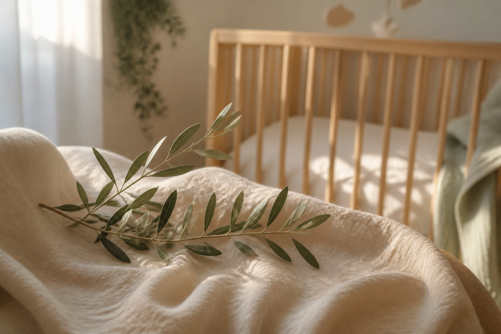 Hebrew Names: 50+ Beautiful Picks with Real Meanings 15 Hebrew names: a warm, sunlit nursery with an olive branch on a soft cream blanket