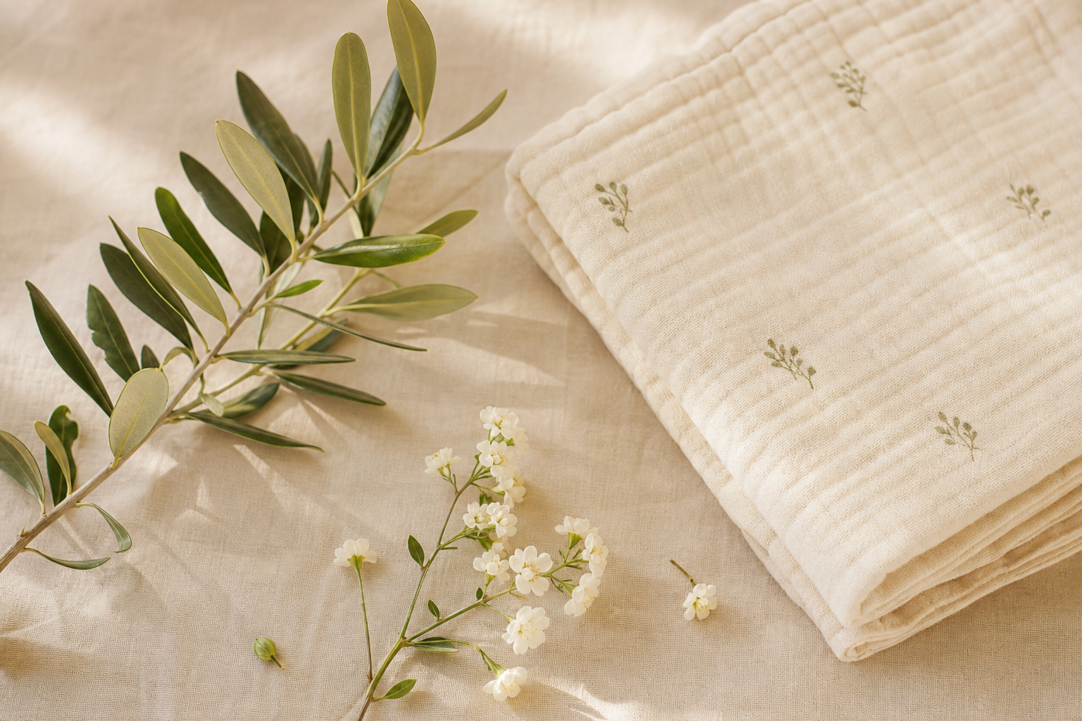 Hebrew Names: 50+ Beautiful Picks with Real Meanings 16 An olive sprig and white flowers on cream linen — a calm setting for choosing a Hebrew name