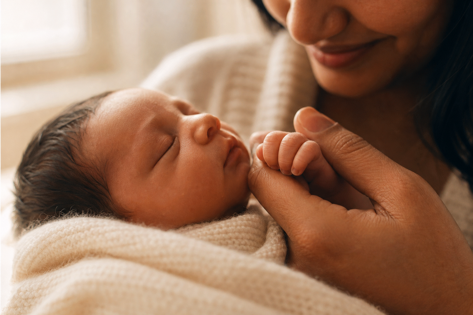 Hebrew Names: 50+ Beautiful Picks with Real Meanings 17 A parent gently cradling a newborn's hand in a soft cream blanket