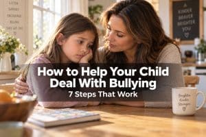 A warm mother sitting close and listening intently to her worried grade-schooler at the kitchen table as they talk, the mom calm and steady, with a legible baked-in headline "How to Help Your Child Deal With Bullying" and subline "7 Steps That Work" — a reassuring scene about supporting a child who is being bullied