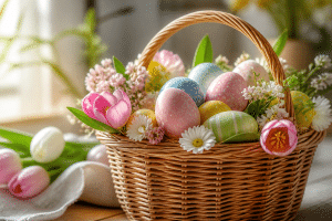 meaning of easter for kids — colorful Easter basket with eggs and flowers