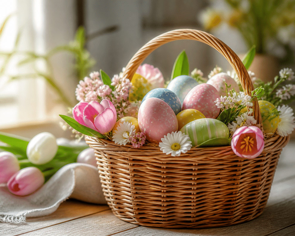 meaning of easter for kids — colorful Easter basket with eggs and flowers