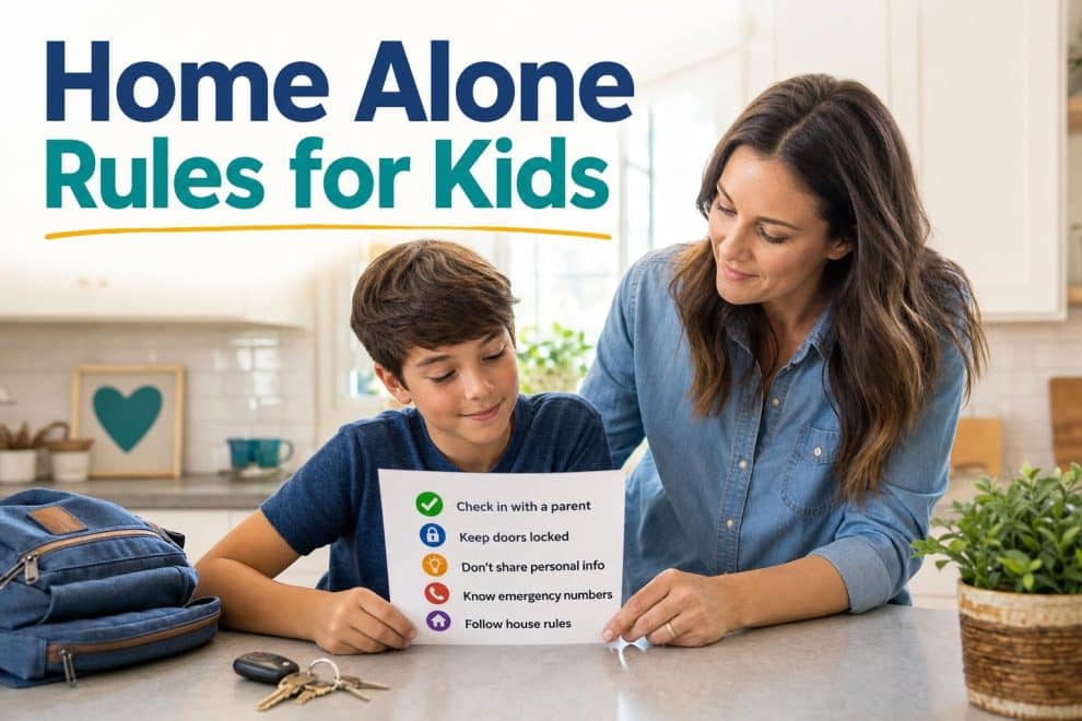 home alone rules for kids shown on a warm family kitchen safety checklist