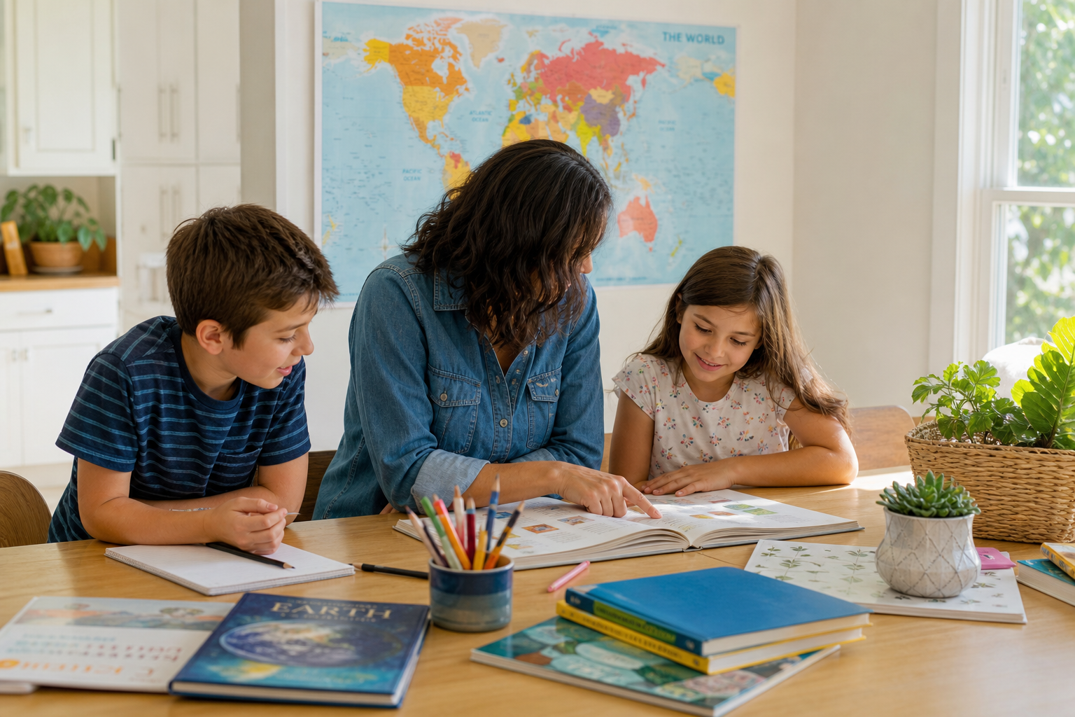 Homeschooling: What Is It? Who Does It and Why? 16 what is homeschooling - mother teaching two children at home with books and educational materials spread on kitchen table