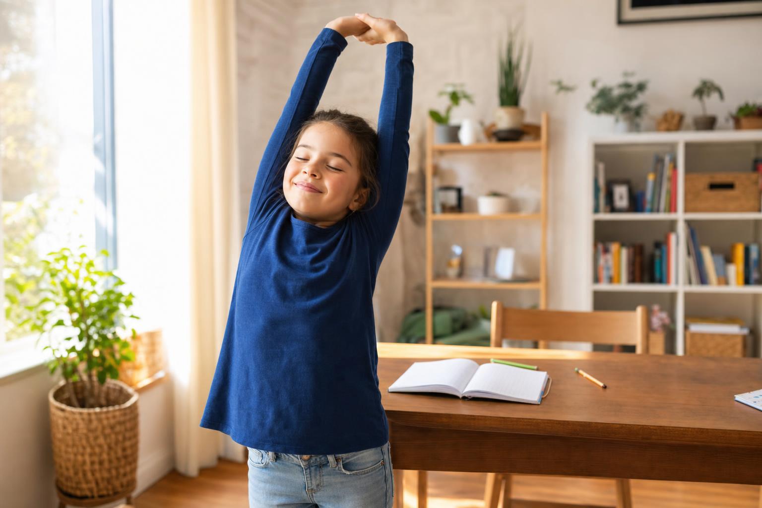How to Help a Child With Homework Without the Nightly Battle: A Calm, Practical Guide 17 A young child standing up and stretching with a happy expression during a short break from homework, a notebook open on the table behind them, bright and cheerful room, showing the value of movement breaks while doing homework