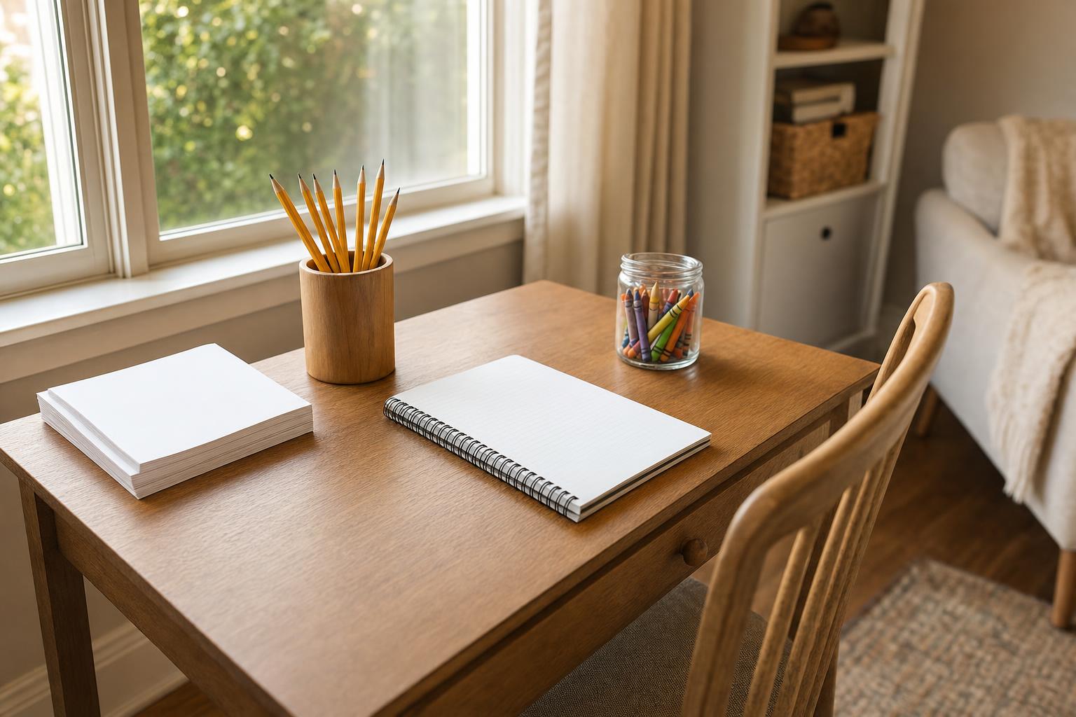How to Help a Child With Homework Without the Nightly Battle: A Calm, Practical Guide 16 A tidy, well-lit homework station with sharpened pencils in a cup, paper, and an open notebook on a wooden desk, no screens in sight, calm and organized, showing a simple setup that helps a child focus on homework