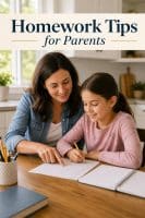 Homework Tips for Parents: 8 Ways to Help Without Doing It for Them 3 homework tips for parents with a mom helping her grade-schooler at the kitchen table under the headline Homework Tips for Parents