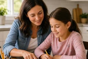homework tips for parents with a mom helping her grade-schooler at the kitchen table under the headline Homework Tips for Parents
