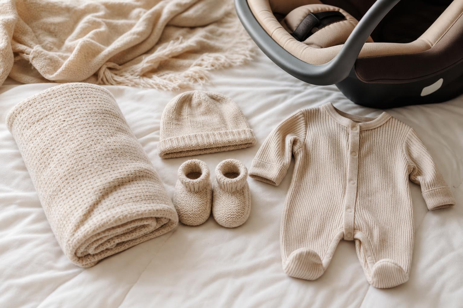 Hospital Bag Checklist: A Simple, Calm Packing Guide for Mom, Partner & Baby 17 A neat flat lay of newborn going-home items on a bed — a soft swaddle blanket, a knit hat, booties, and a tiny outfit beside an infant car seat, in soft morning light