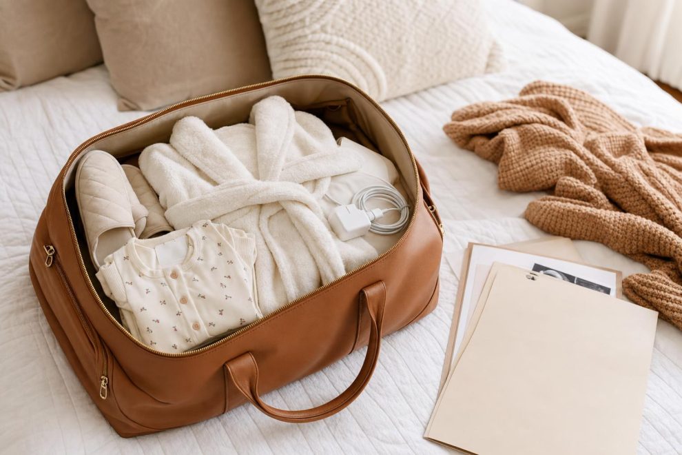 Hospital Bag Checklist: A Simple, Calm Packing Guide for Mom, Partner & Baby 15 A neatly packed hospital bag checklist on a bed — an open duffel with a robe, slippers, a phone charger, a baby going-home outfit, and a document folder in soft morning light.