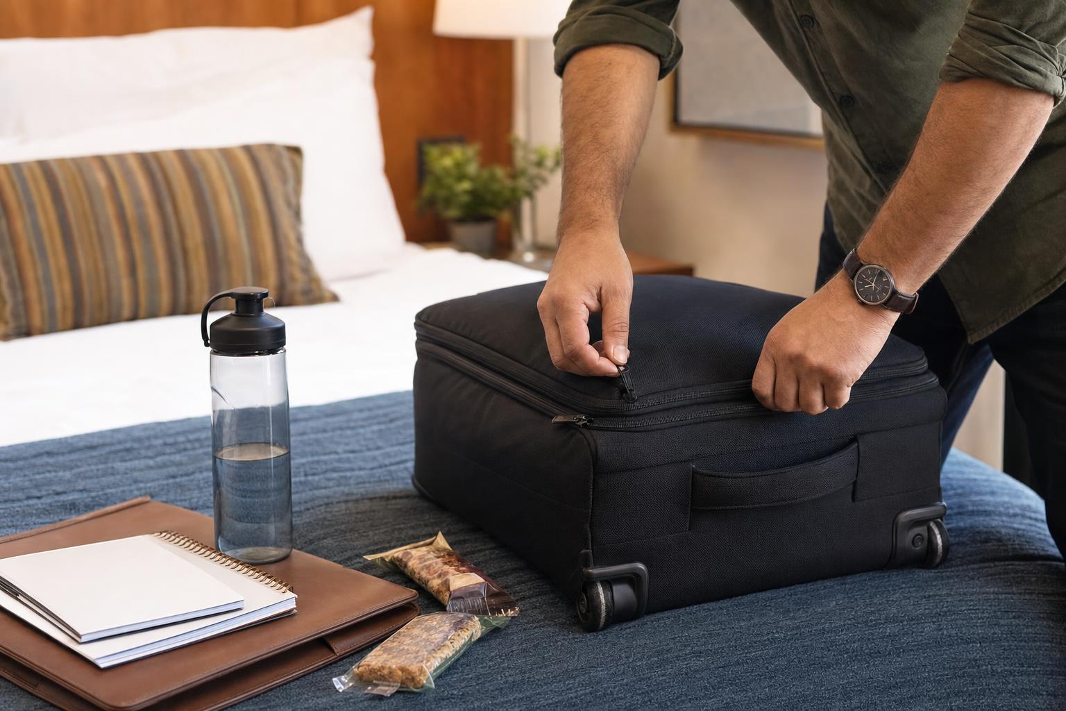 Hospital Bag Checklist: A Simple, Calm Packing Guide for Mom, Partner & Baby 16 A partner zipping up a second smaller hospital bag beside the bed, with a folder of documents, a water bottle, and snacks visible, warm and organized in natural light.