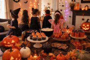 Kids Halloween party with festive decorations