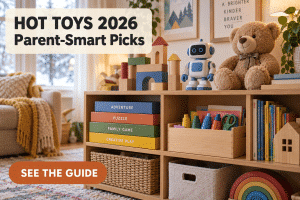Hot toys 2026 holiday toy shelf with safe larger toys and family game boxes