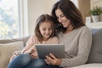 How Much Screen Time for Kids? A Calm, Practical Guide for Real Families 1 A calm parent and a young child sitting together on a cozy couch watching a tablet, both relaxed and smiling, illustrating how much screen time for kids works best when it is shared and unhurried